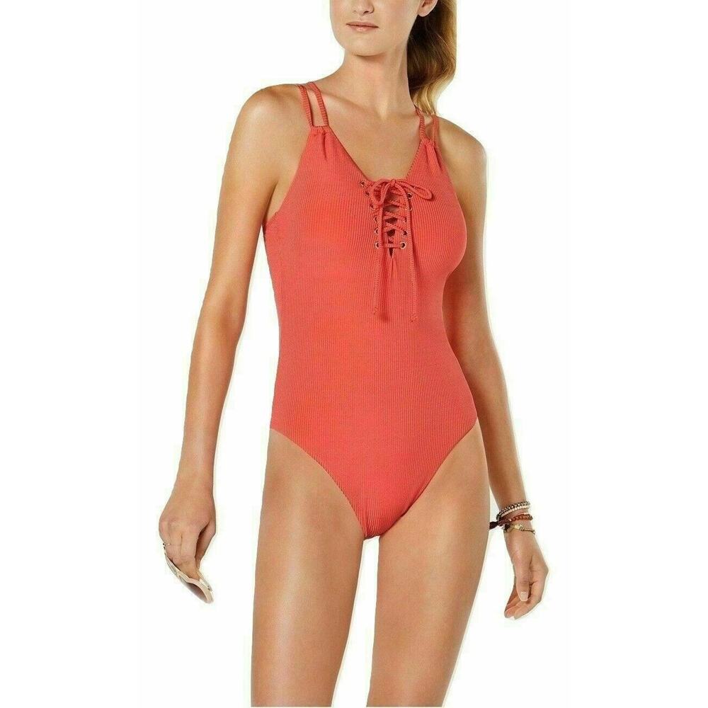 Hula Honey Juniors One Piece Swimsuit Sz Small Red Coral Shimmer Rib Lace Up NWT